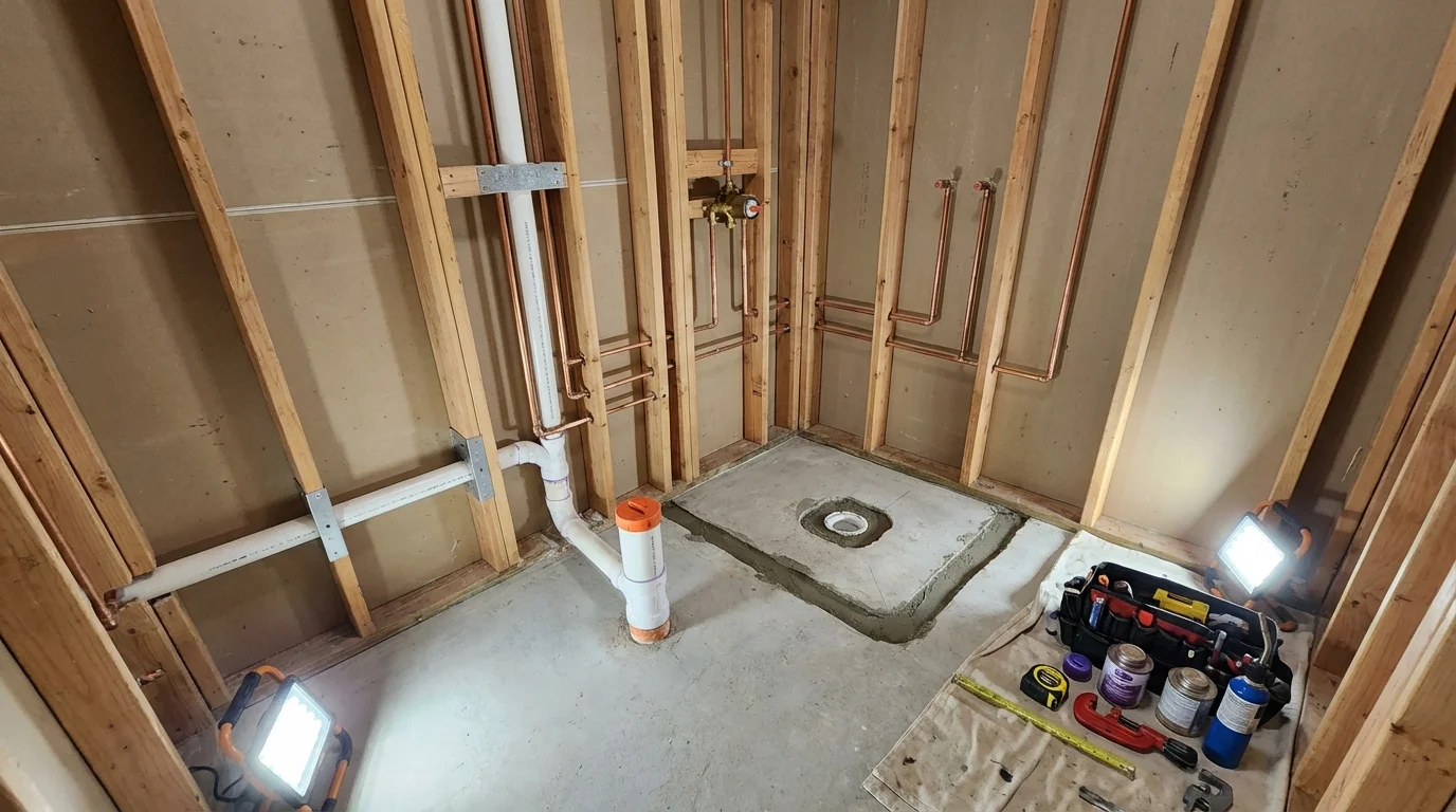 Bathroom rough-in plumbing during remodel by Johns Plumbing LLC in Spring Valley