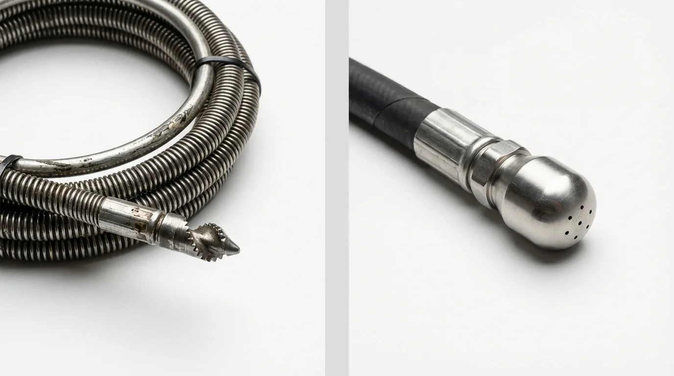 Drain snake cable and hydro jetting nozzle used for drain cleaning in Spring Valley, WI
