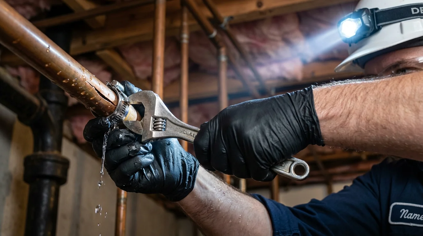 Emergency pipe clamp repair being performed by a Johns Plumbing LLC plumber in Spring Valley