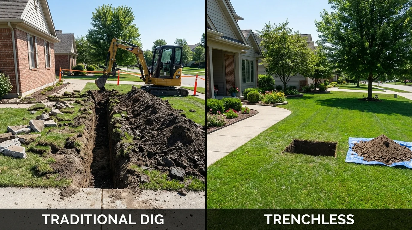 Trenchless sewer repair with minimal yard damage versus traditional excavation in Spring Valley, WI