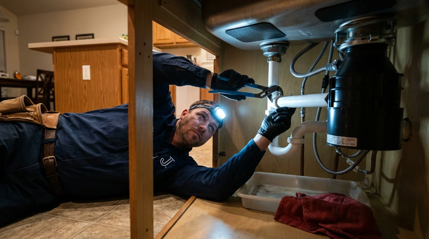 P-trap and supply line connections under a kitchen sink showing a common leak point in Spring Valley, WI